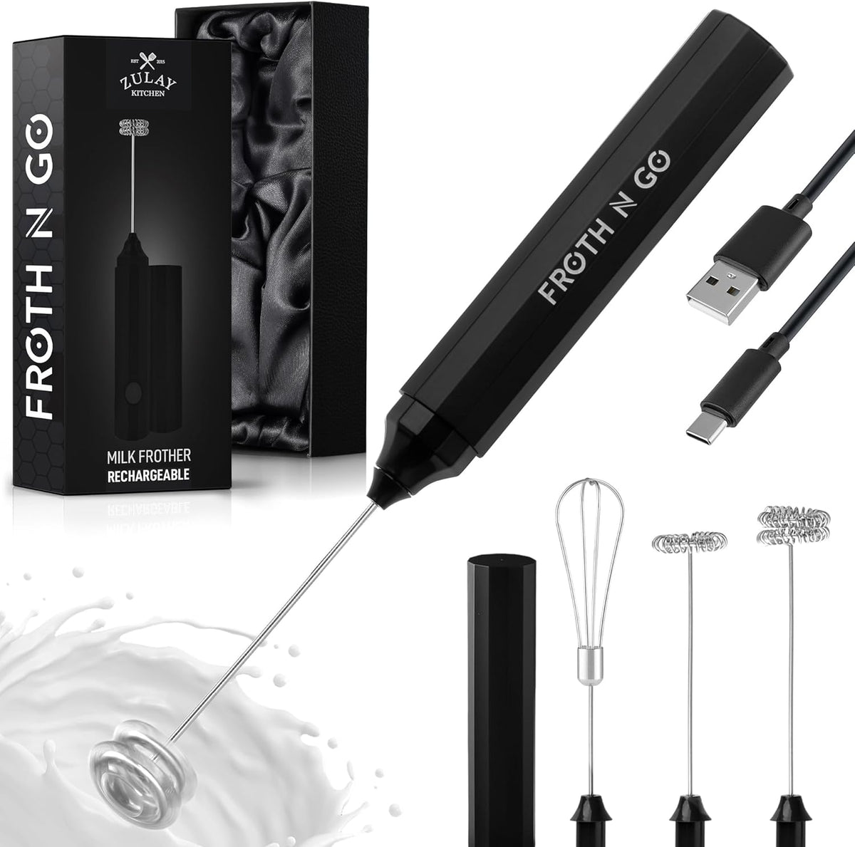 Zulay Rechargeable Milk Frother – 3-in-1 Handheld Frother Wand with Travel Case &amp; USB-C Charger – Single, Double &amp; Egg Whisk for Latte, Cappuccino, Matcha, Protein Shakes - Froth N Go Deep Black
