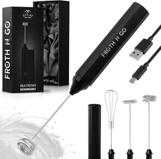 Zulay Rechargeable Milk Frother – 3-in-1 Handheld Frother Wand with Travel Case &amp; USB-C Charger – Single, Double &amp; Egg Whisk for Latte, Cappuccino, Matcha, Protein Shakes - Froth N Go Deep Black