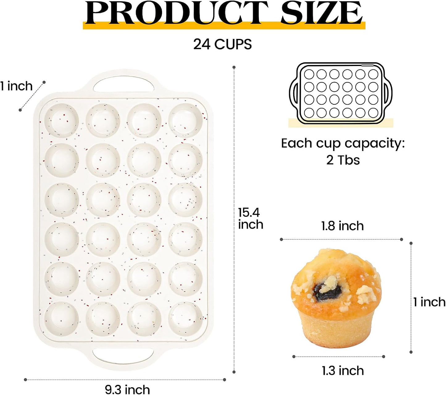 Mini Muffin Pan, 24 Cups, Cream | Metal Reinforced Frame, Nonstick Silicone, Food Grade, With Handles