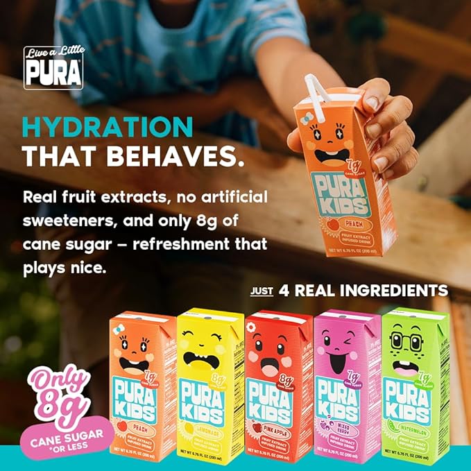 PURA Kids Box | Lemonade Fruit extract infused Drink for kids | 8g Pure Cane Sugar | Non-GMO | Vegan, No Artificial Sweeteners | Best Lunchbox Beverage with Paper Straw | 6.76 fl oz (200ml), Pack of 24