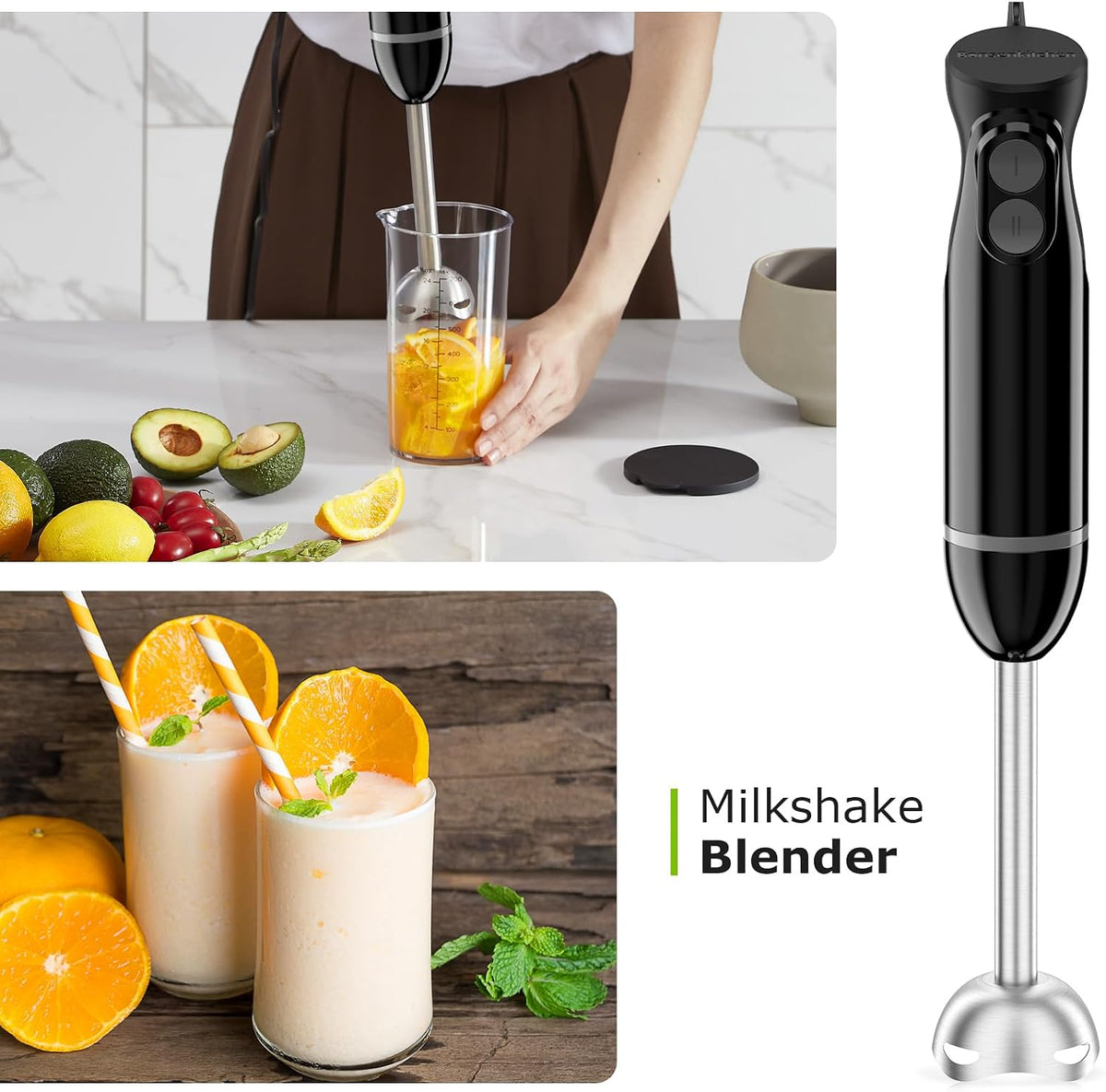 Bonsenkitchen 3-in-1 Immersion Blender Handheld with 2 Mixing Speed | Hand Blender with Egg Whisk &amp; 24oz Beaker, Stainless Steel Blade, Portable Stick Mixer for Smoothie, Soup, Baby Food
