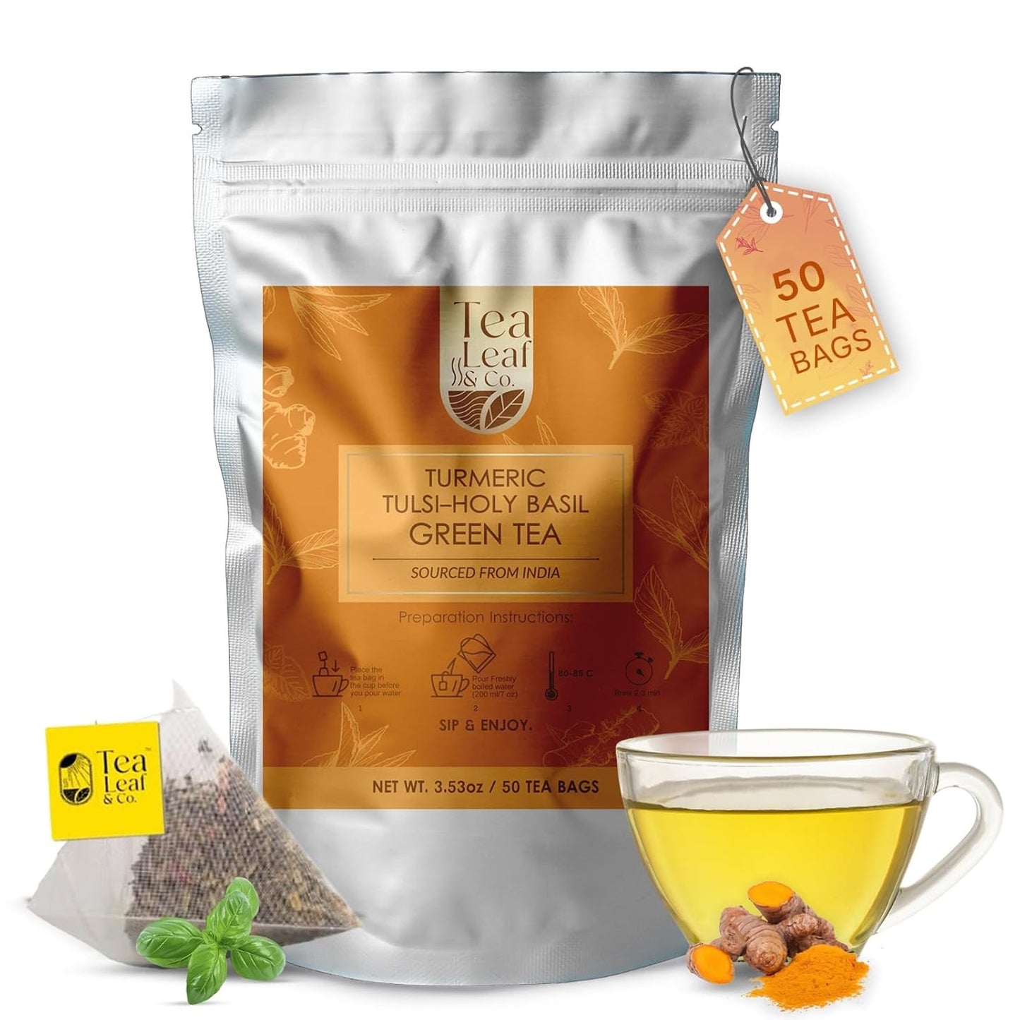 Turmeric, Peppermint &amp; Basil Tulsi Green Tea Loose Leaf 3.5oz, 50 Tea Bags
