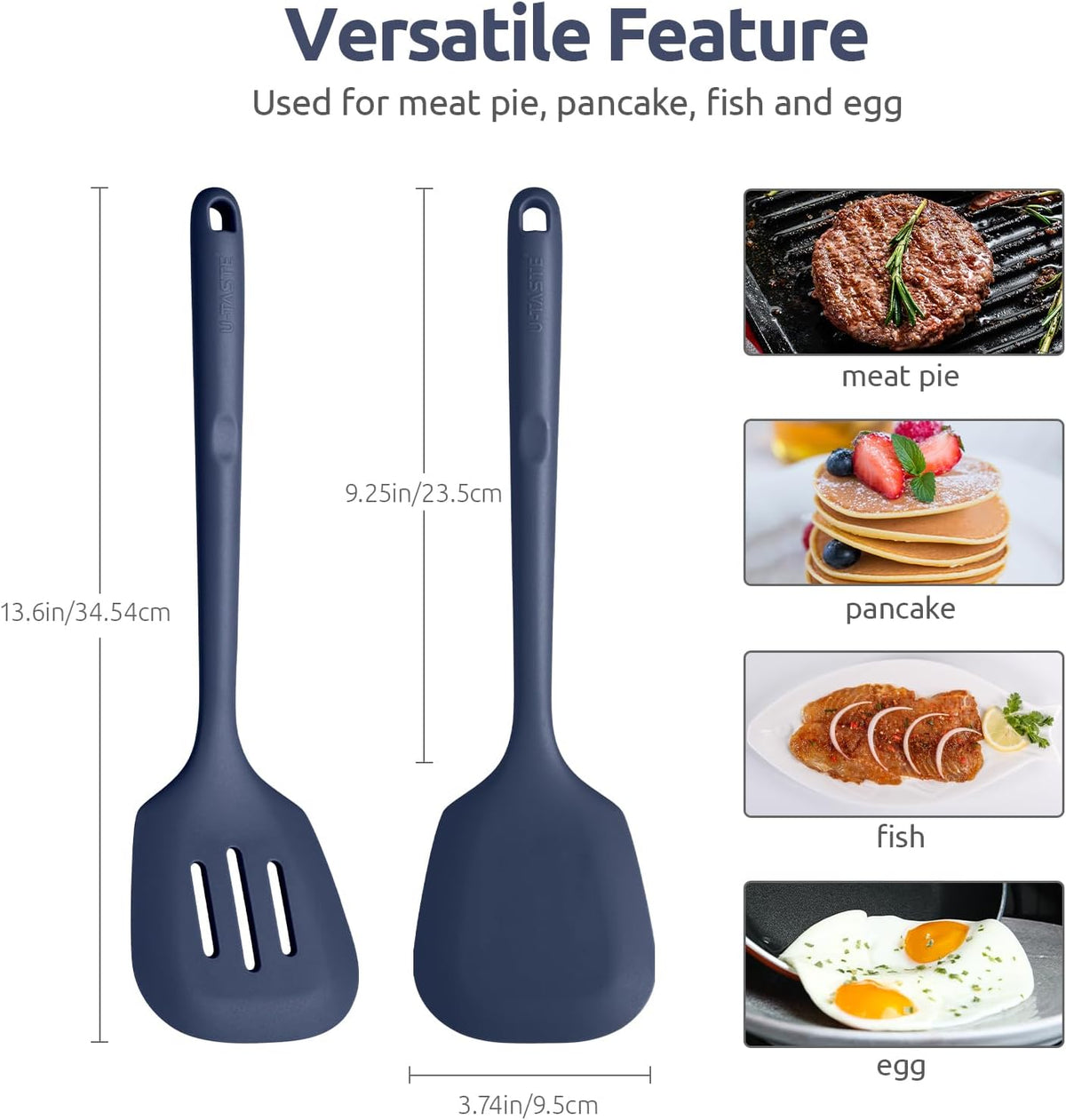 U-Taste Silicone Turner Spatula Set of 2, 13.6"Long/3.7"Wide, Midnight Blue | 600ºF Heat Resistant Food Grade Silicone Cooking Utensils Set, Wide Large Solid &amp; Slotted Turner Pancake Egg Flipper