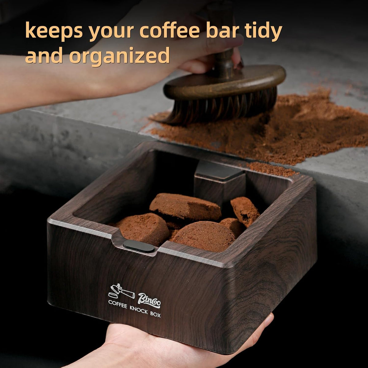 Bincoo Square Espresso knock Box 16cm /6.3 Inch Barista Style Coffee Knock Box for Grounds with Anti-Slip Base, Multi-functional Sturdy Espresso Dump Bin for Home/Office. (Brown)