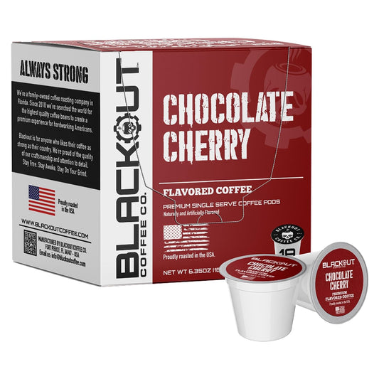 Blackout Coffee Chocolate Cherry Flavored Coffee Pods – Premium Roasted, Smooth Taste, Guilt-Free Indulgence – 18 Count Single-Serve Coffee Pods.