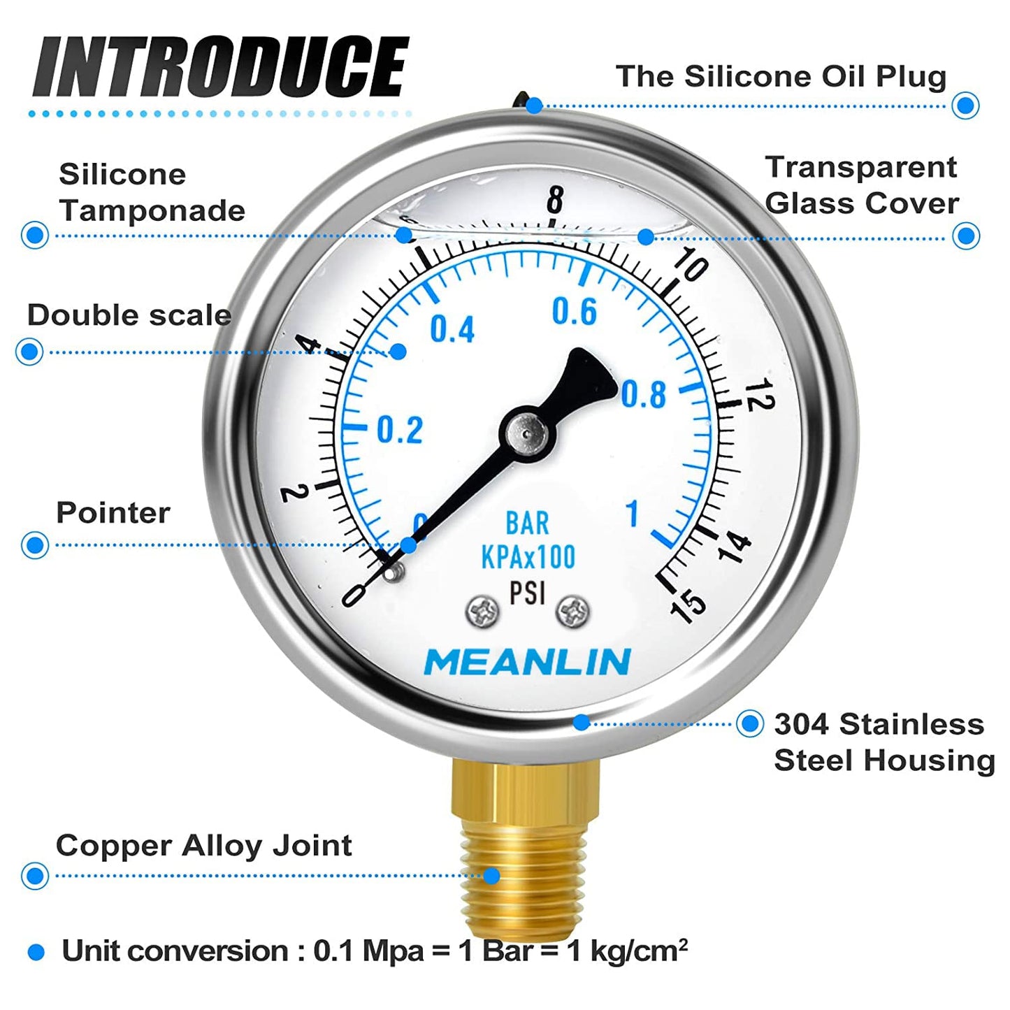 MEANLIN MEASURE 0~15Psi Stainless Steel 1/4" NPT 2.5" FACE DIAL Liquid Filled Pressure Gauge WOG Water Oil Lower Mount, with 1/2" NPT and 3/8" NPT Hex Bushing