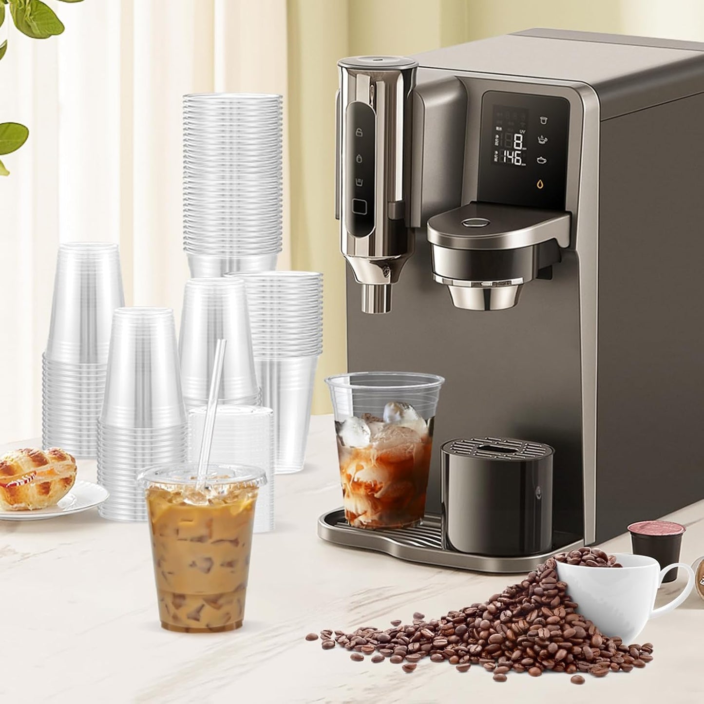 100 Pack - 16 oz Clear Plastic Cups with Lids and Straws, Sturdy & Food Safe Iced Coffee Cups with lids, Disposable Plastic Smoothie Cups for Cold Drinks