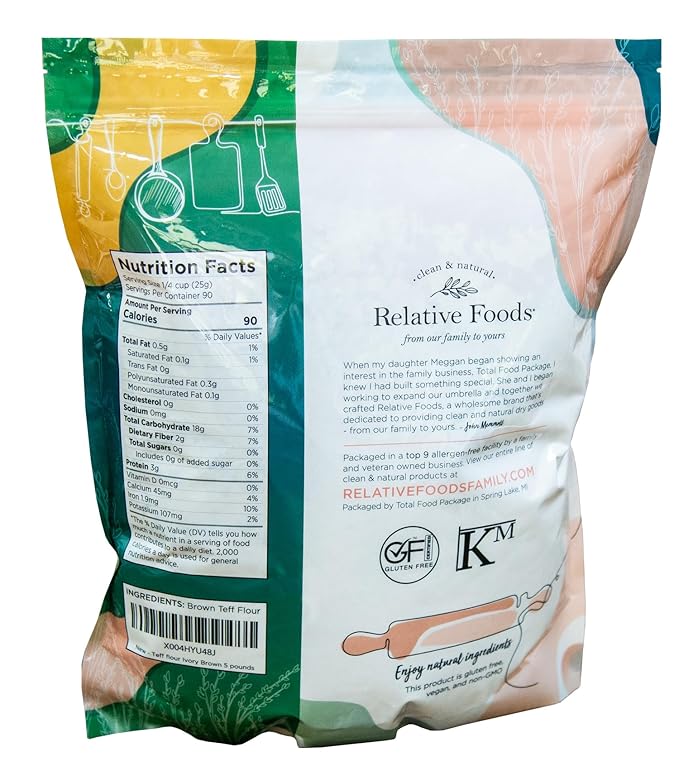 Relative Foods Teff Flour Brown – 5 lb | Naturally Gluten Free, Non-GMO, Vegan | USA Grown | Premium Ancient Grain Flour for Baking and Cooking