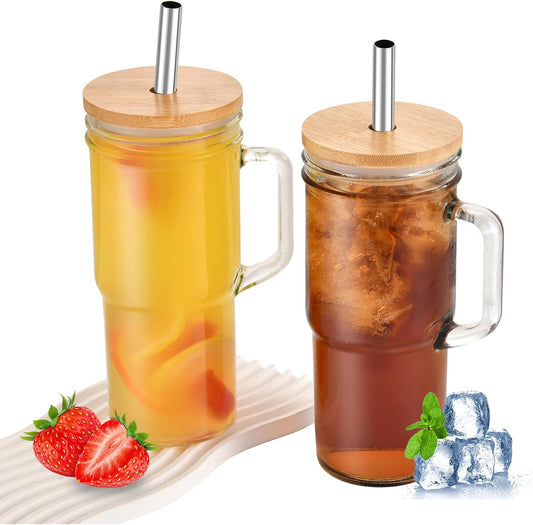 24oz Mason Jar Cups with Handle, Clear Glass Tumbler with Bamboo Lid and Straw, 2 Pack Glass Iced Coffee Cup with Lids, Cold