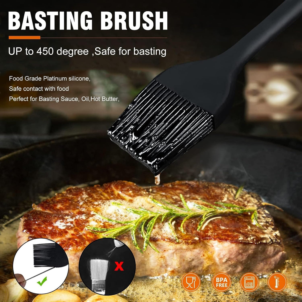 Walfos 3 Size Basting Brush, 600°F High Heat Resistant Silicone Pastry Brushes for BBQ, Baking, Kitchen Cooking, Desserts- BPA Free&amp;Dishwasher Safe