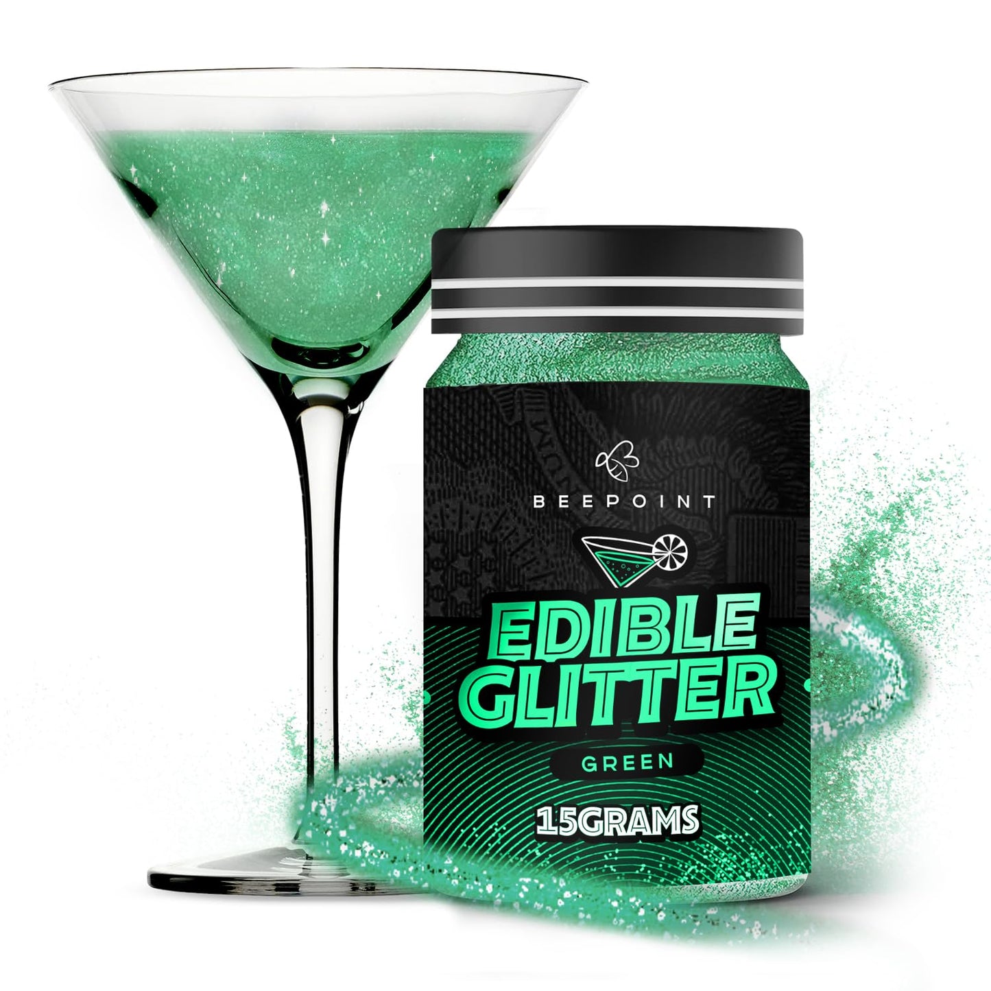 BeePoint Green Edible Glitter for Drinks 15g - Food Grade, Vibrant Color Shimmer Powdered Dust for D