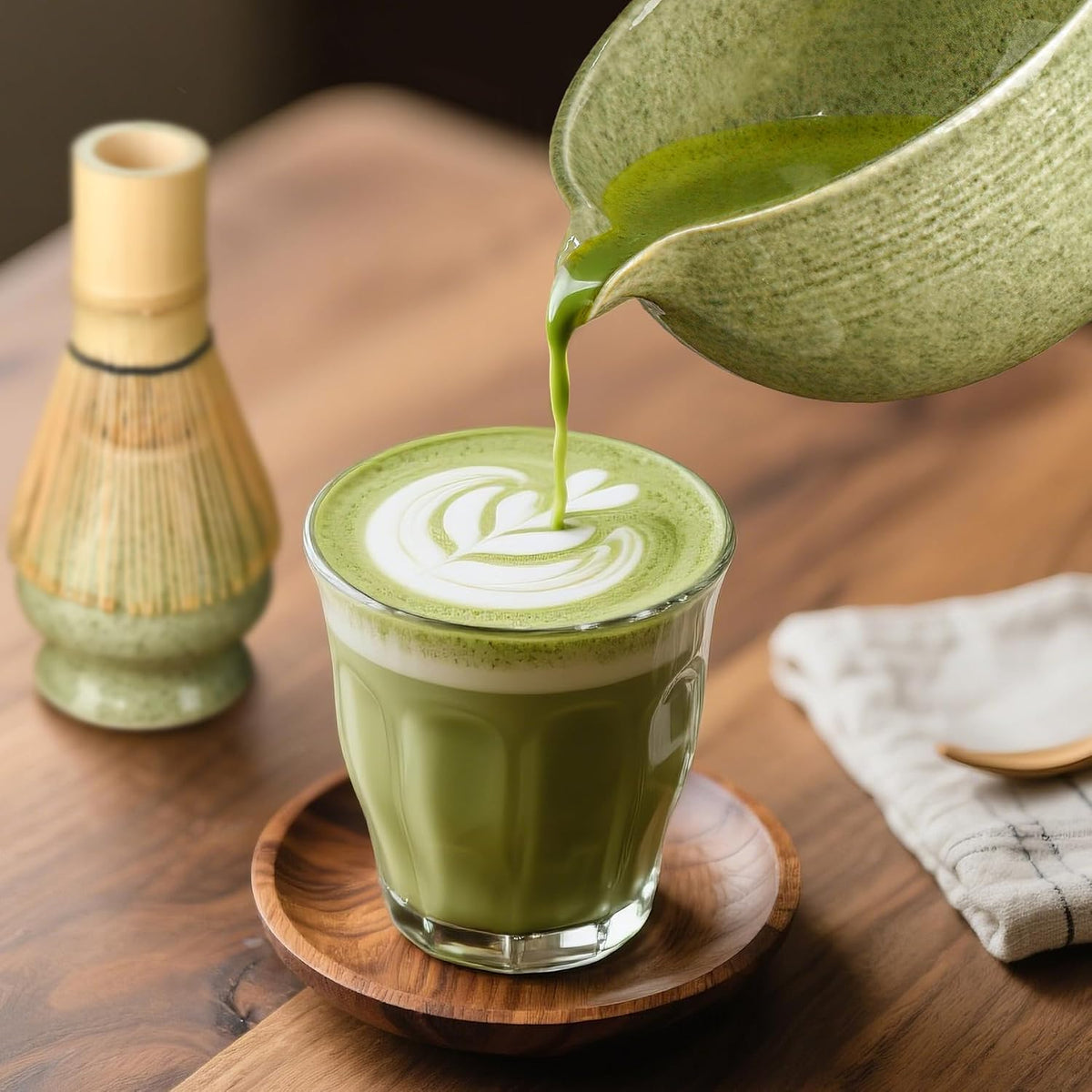 Matcha Whisk Set, Ceramic Bowl Matcha Kit &amp; Handcrafted Bamboo Chasen | Complete 5 Pcs Matcha Set Whisk and Bowl, Stainless Steel Sifter, Bamboo Scoop &amp; Holder for Matcha Lovers(Mottled Green)