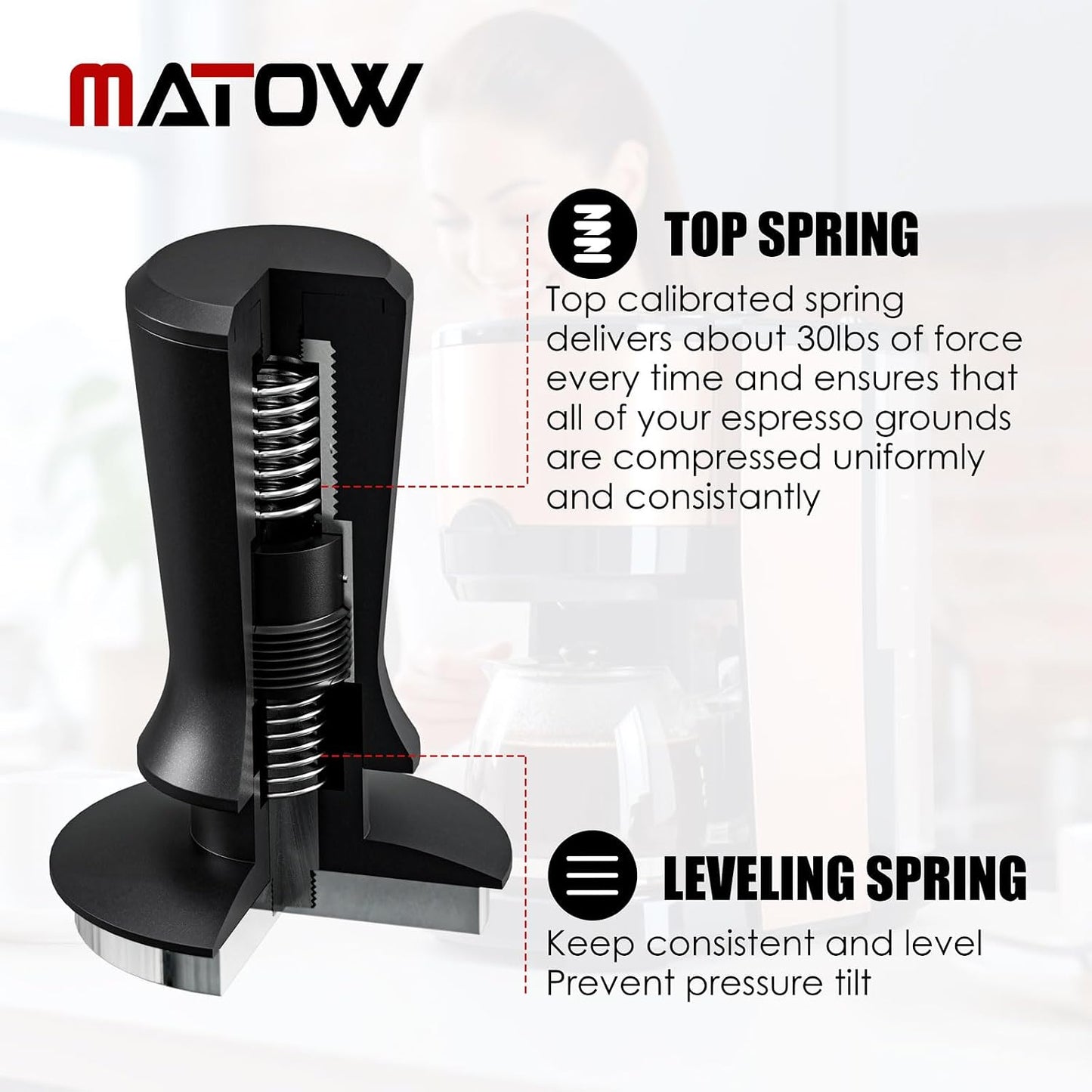 MATOW 58.5mm Spring Loaded Espresso Hand Tamper Fits 58mm Standard Portafilter