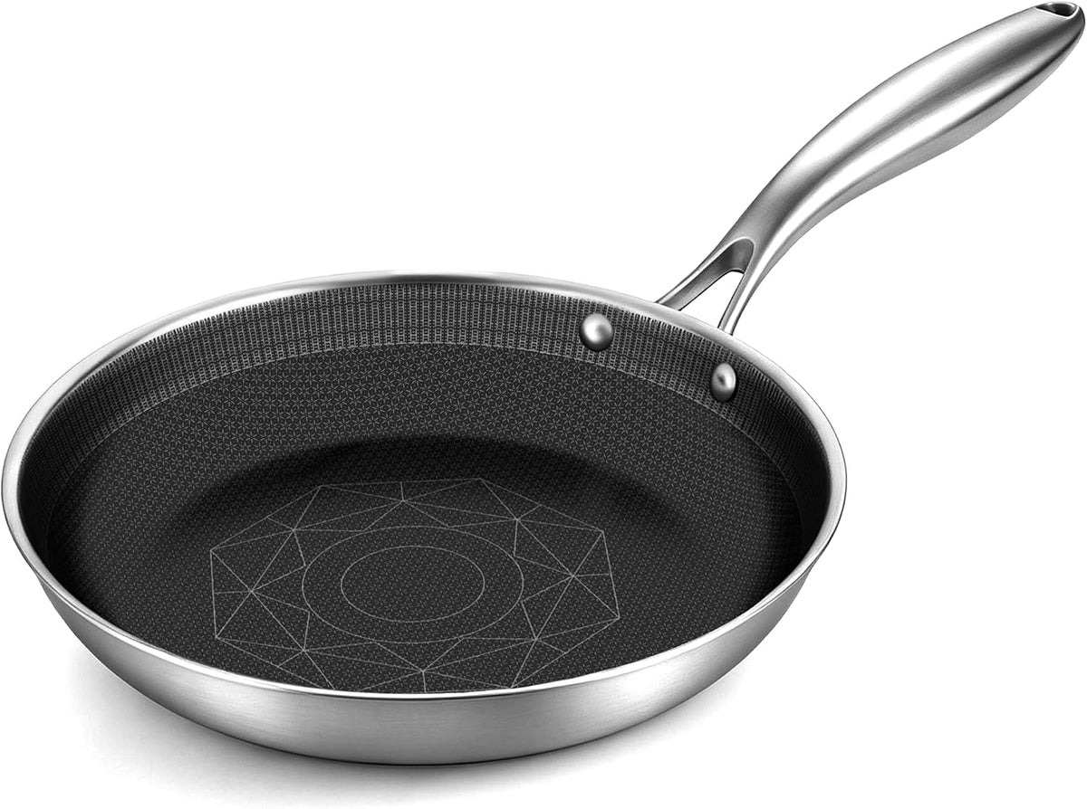COOKING KING 10-Inch Stainless Steel Pan, Hybrid Nonstick Frying Pan, Skillet, 3-Ply Clad Cookware, Even Heat Distribution, Dishwasher & Oven Safe, with Stay-Cool Handle, Induction Compatible