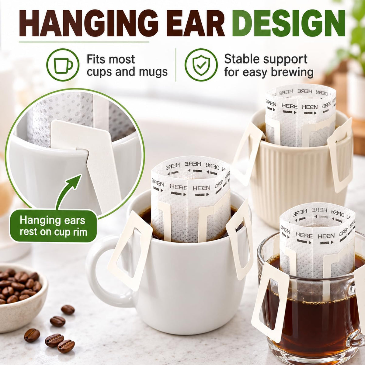 Enenes Coffee Filter Bags, 100 Pack Hanging Ear Single Serve Filters