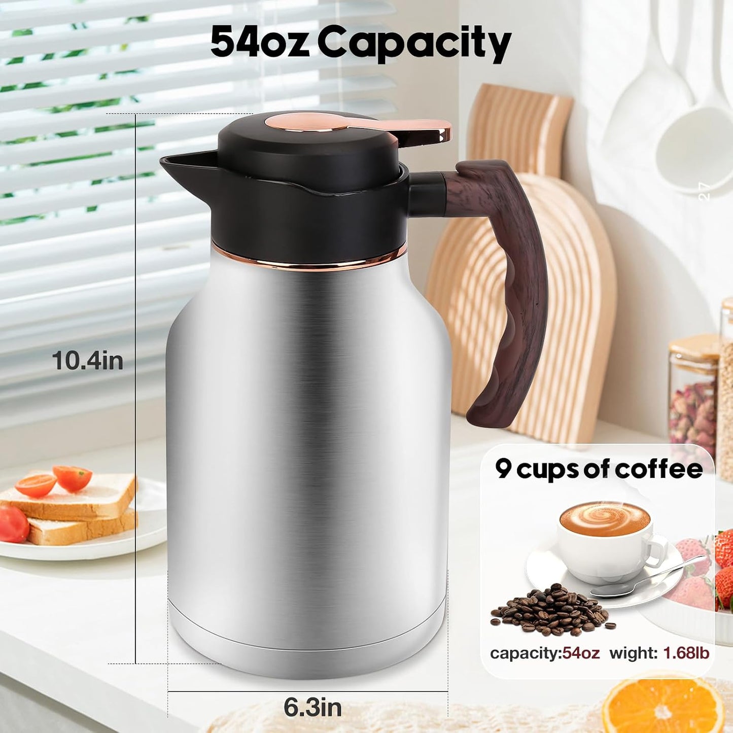 54oz Thermal Coffee Carafe, Stainless Steel Insulated Vacuum Carafe | BPA-Free, Double Wall Vacuum, Keeping Hot for 12 Hours, with Anti-Leakage, Non-Slip Base, Ergonomic Handle, Silver
