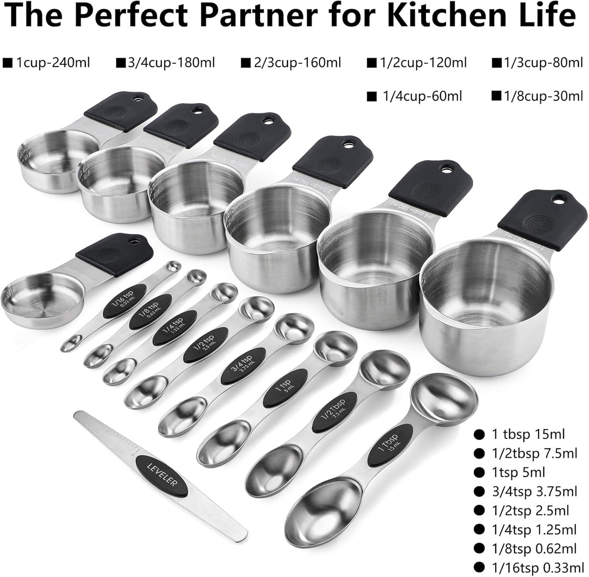 Magnetic Measuring Cups and Spoons Set Including 7 Stainless Steel Measuring Cups 8 Double Sided Magnetic Measuring Spoons Set with 1 Leveler Kitchen Tools for Cooking Baking (Black)
