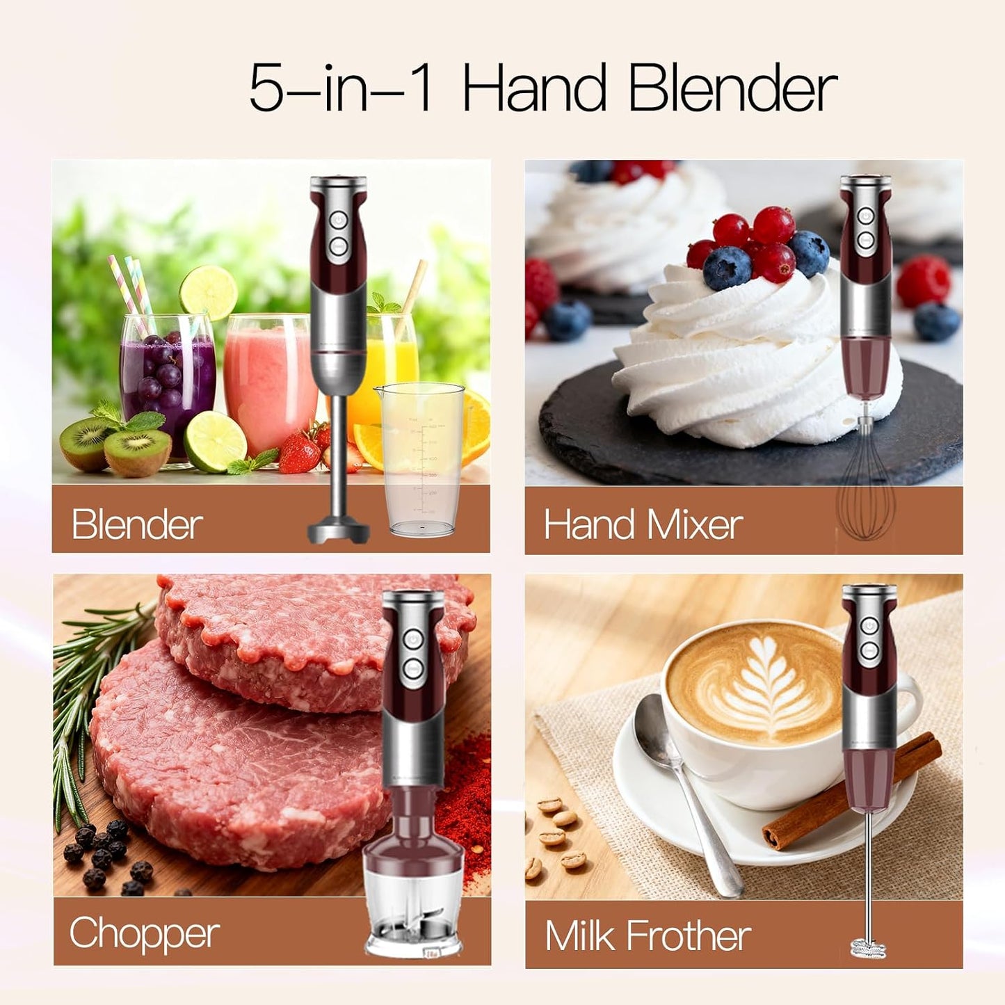 MegaWise 5-in-1 Immersion Hand Blender, Titanium Reinforced Blades (80% Sharper), 12-Speed Powerful Stick Blender with 500ml Chopper, 600ml Beaker, Whisk &amp; Milk Frother for Smoothies, Baby Food &amp; Soup