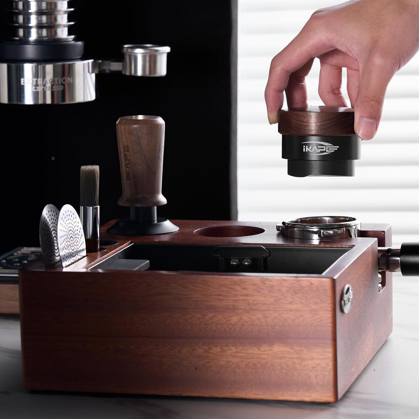 IKAPE V2 Espresso Knock Box, Espresso Coffee Organizer Box Fit for Storage 51mm 53/54mm 58mm Espresso Tamper, Distributor, Portafilter &amp; Puck Screen Accessories, Natural Walnut Station Base (8 IN One)