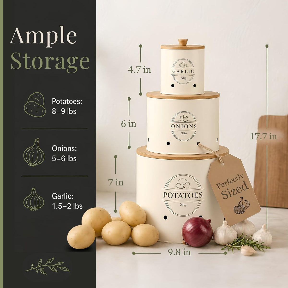 Canister Sets for Kitchen Counter with Wooden Bamboo Lids, Kitchen Canisters for Countertop, Stackable Steel Farmhouse Canisters for Potato Storage, Onion and Potato Storage Bins - White