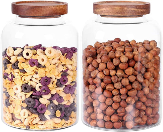 Thicken Glass Storage Jar, Food Storage Container/Canisters with Airtight Wooden Lid for Tea, Coffee, Honey, Cacao