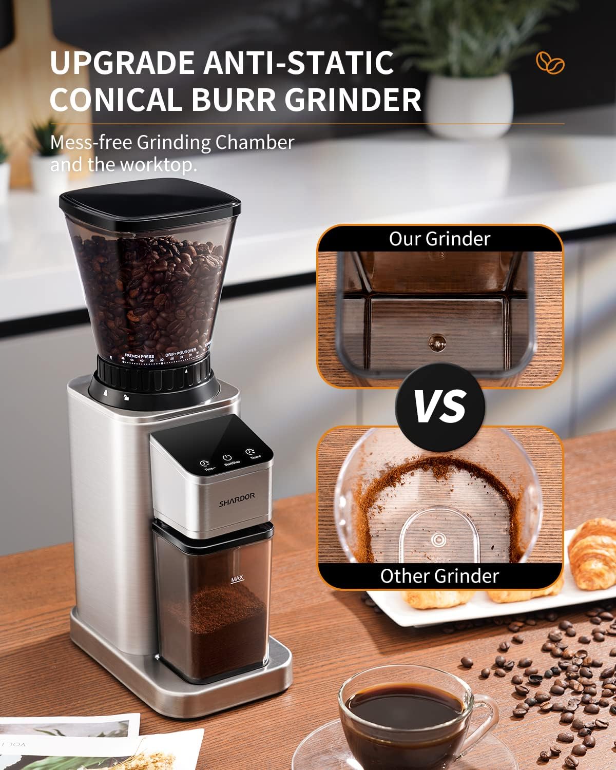 SHARDOR Professional Conical Burr Coffee Grinder, Coffee Bean Grinder with 48 Grind Settings for Espresso, Drip & French Press, Upgraded Anti-Static Technology, Precision Timer, Stainless Steel