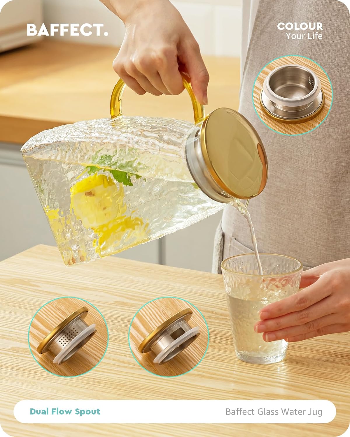 Baffect Water Pitcher Glass Jug With Lid and Spout(Glacier-Textured) | 63oz High Borosilicate Glass Pitcher With Gold Handle, Fridge Door Carafe For Hot Cold Drink, Mlik, Juice, Ice Tea, Lemonade
