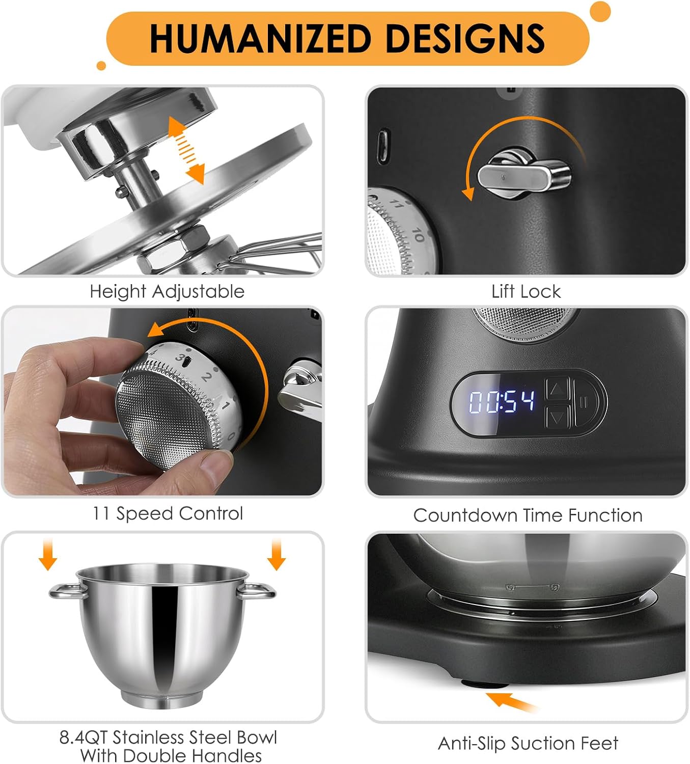 8.4QT Commercial Stand Mixer 800W with Aluminum Die Casting Meets the Standard of NSF/ANSI 8-2023, Mixers Kitchen Electric Stand Mixer with Stainless Steel 8L Bowl, Dough Hook, Whisk and Beater, Black