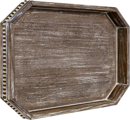 Wooden Decorative Tray, Rustic Serving Tray with Wood Bead, Farmhouse Big Tray for Ottoman, Countertop, Coffee Tabl, 16.5" x