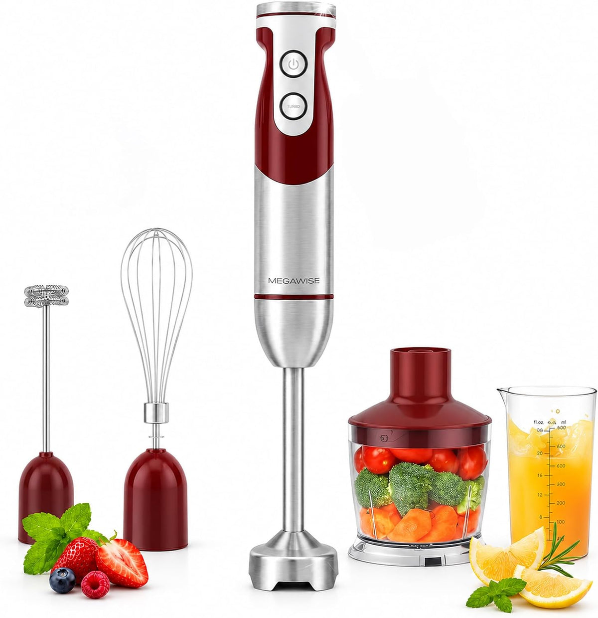 MEGAWISE 5-in-1 Immersion Hand Blender, 400W, Variable Speed, Red