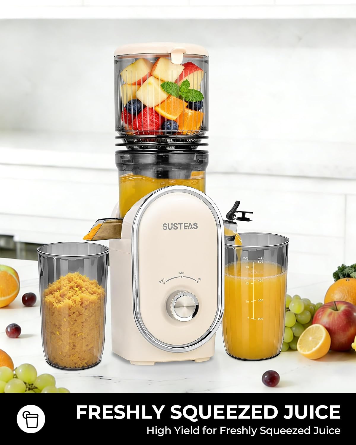 SUSTEAS Cold Press Juicer, 5.3" Feed Chute Slow Masticating Machines with 300W, Fit Whole Fruits & Vegetables, Easy to Clean, High Juice Yield, White