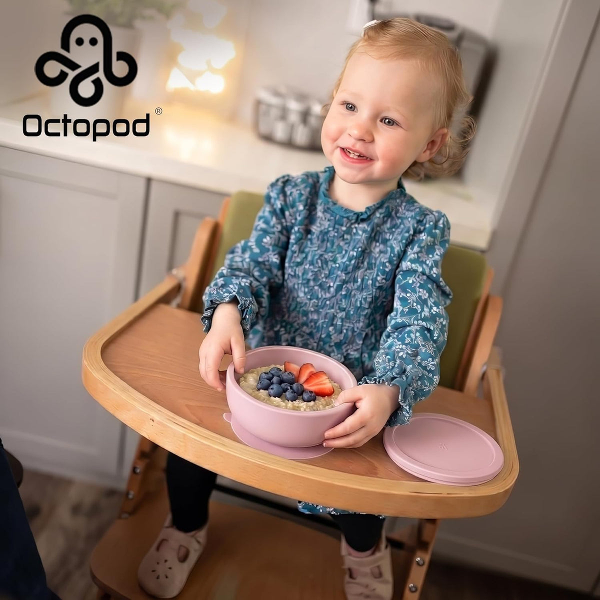 Abiie Octopod Silicone Suction Baby Bowl &amp; Lid -Food Storage -Lavender Pink | High Chair Accessories, Mess-Free Toddler Feeding Essentials, Baby-Led Weaning, Baby Food Container, 5.7" x 3" x 5.7"