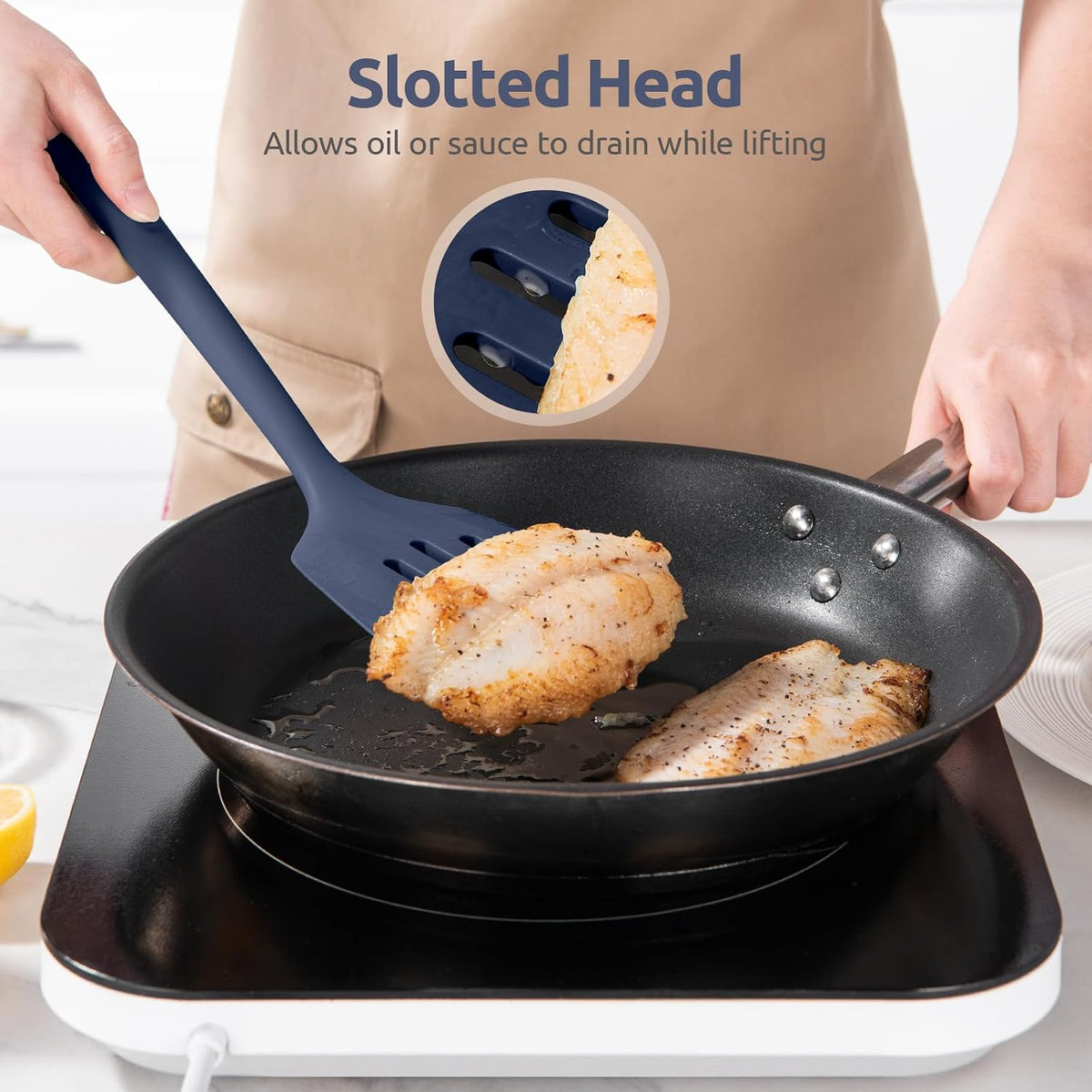U-Taste Silicone Turner Spatula Set of 2, 13.6"Long/3.7"Wide, Midnight Blue | 600ºF Heat Resistant Food Grade Silicone Cooking Utensils Set, Wide Large Solid &amp; Slotted Turner Pancake Egg Flipper