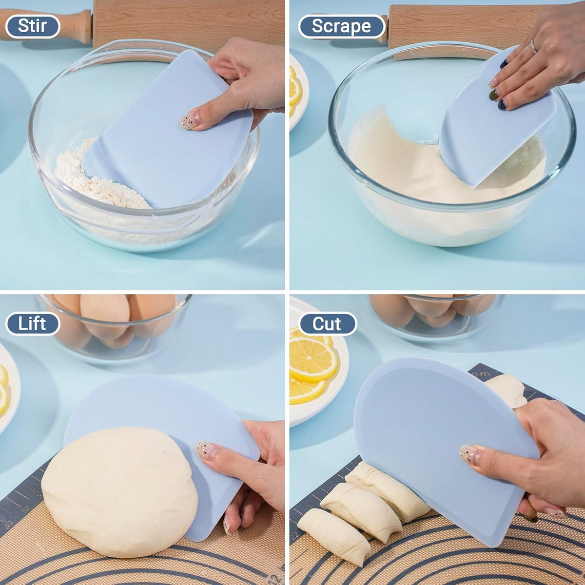 Silicone Dough Scraper with Metal Core Flexible Bowl Scraper Bread Baking | With Stainless Steel Sheet, Curved Edge Food Grade Silicone Bench Scraper for Sourdough Bread, 5.98" x 4.3" , Blue , SAPID