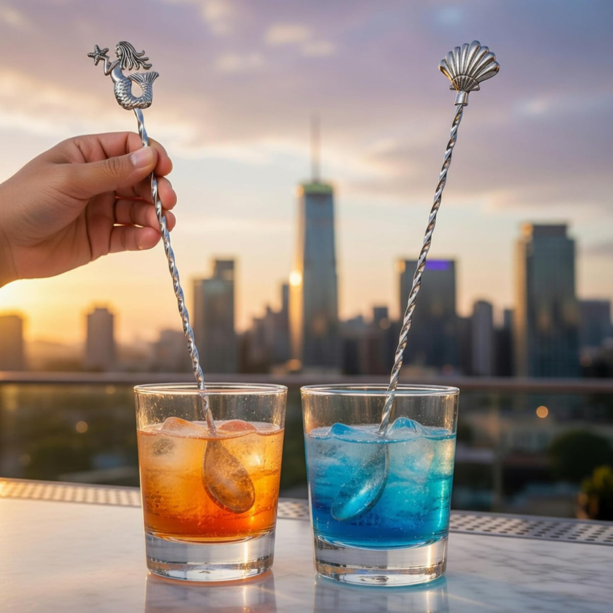 Homestia 12 Inch Bar Spoon, 2 Pcs Cocktail Spoon wIth Mermaid Shell Decor | Dirty Soda Bar Supplies, Stainless Steel Coffee Bar Use, Mixing &amp; Layering Drink Stirrer, Long Spoon for Bartending Stirring