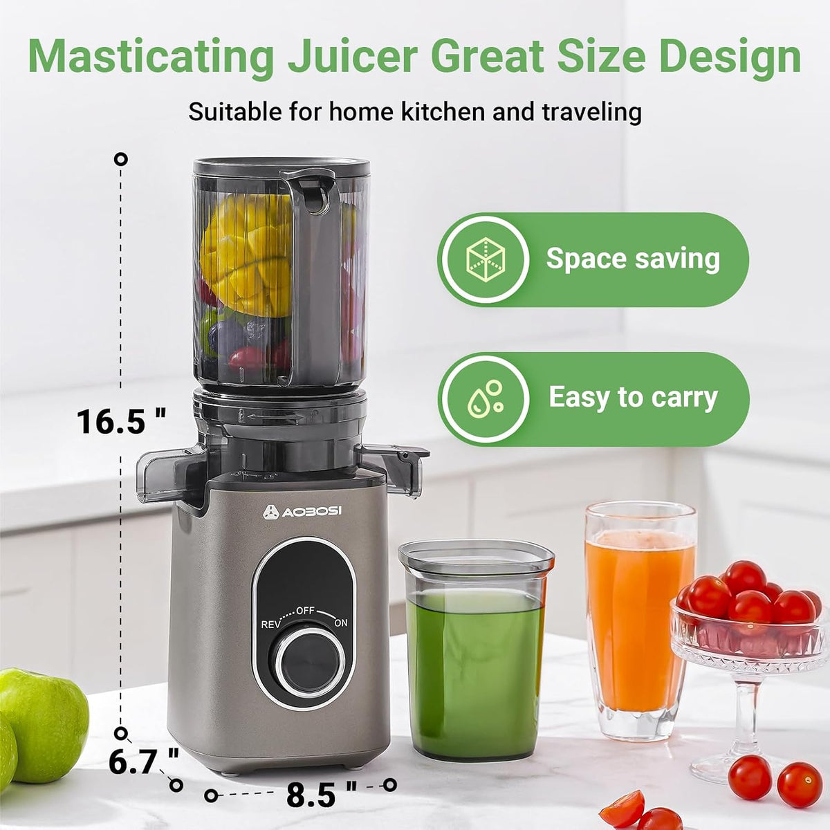AAOBOSI Cold Press Juicer, 4.35" Large Feed Chute Masticating Juicer Machines (Upgrade) High Juice Yield Slow Juice Extractor fit Fruits &Vegetables, Easy to Clean, New Designed for Home and Travel