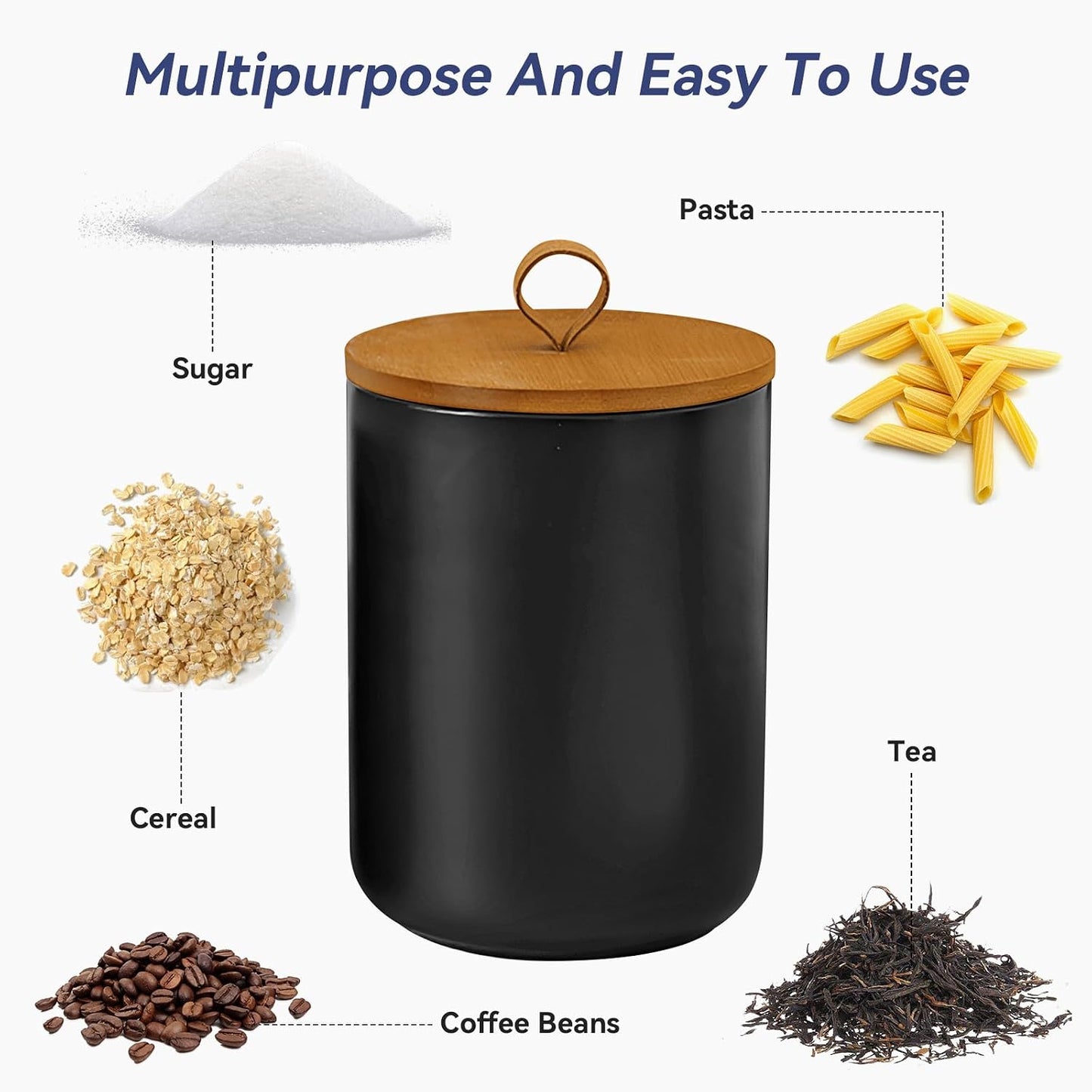 Ceramic Storage Jars, Modern Airtight Canisters with Wooden Lid (Black medium)
