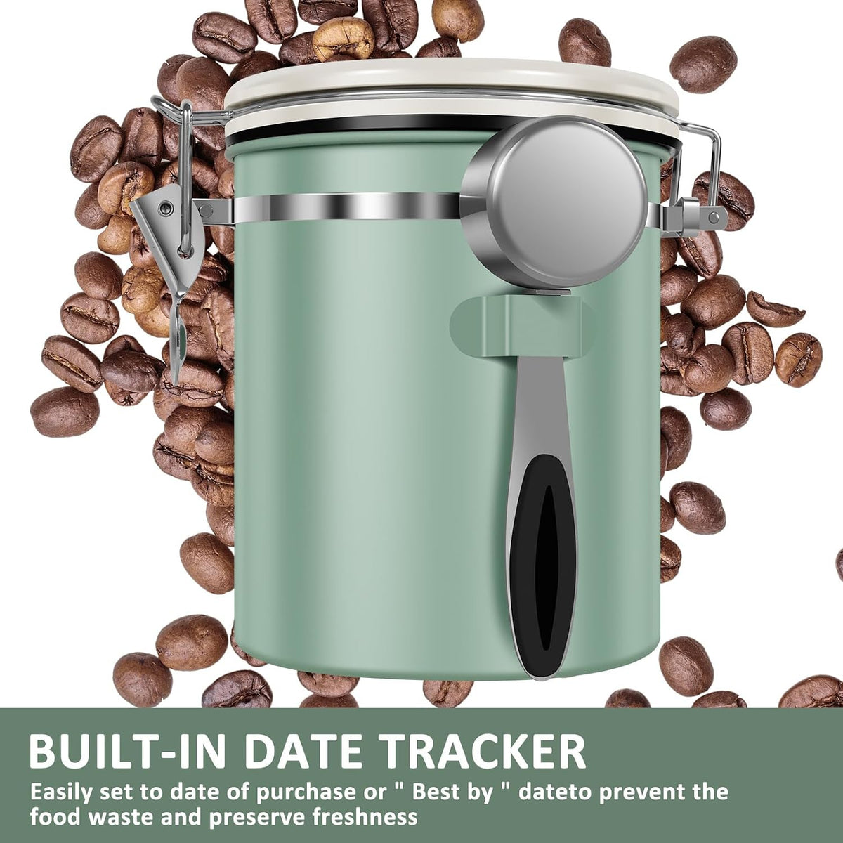 2PCS Coffee Storage Canister 1.5L 51OZ Double Airtight Coffee Beans Container with Date Locator 304 Stainless Steel Kitchen Food Storage Container with Spoon For Coffee Beans Grounds Tea Sugar