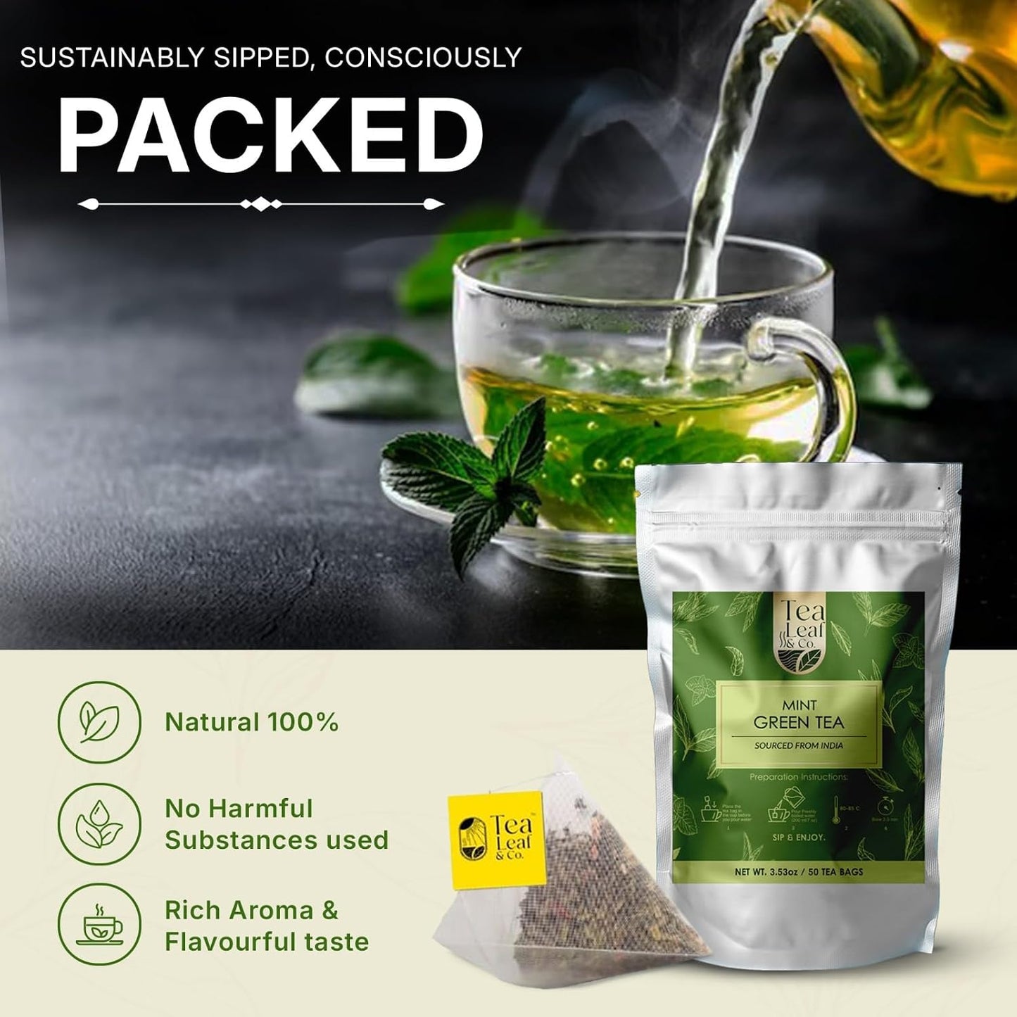 Mint Green Tea (3.5oz / 100gm), Natural Herbal Infusion, 50 Tea Bags