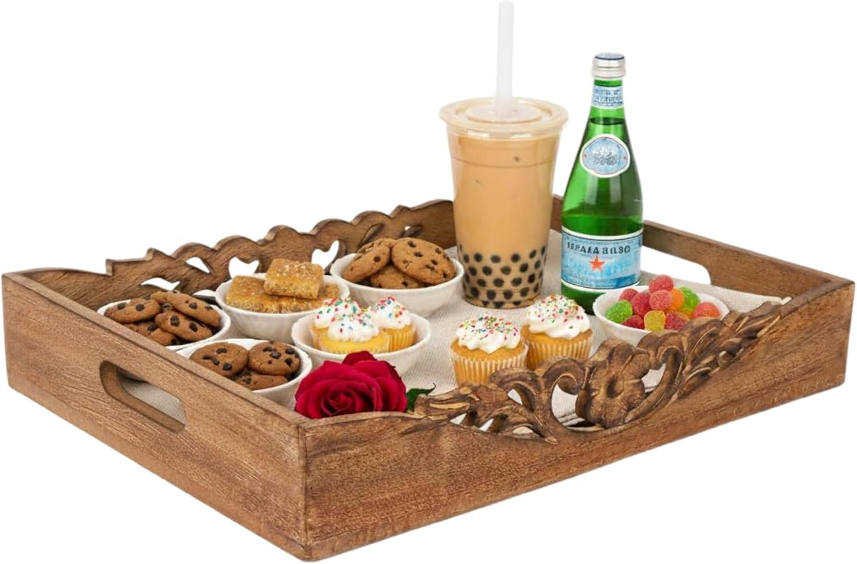 Mela Artisans Orchid Mango Wood Serving Tray - Medium Burnt, 16x12 in | Handcrafted serving tray board with handles for breakfast, coffee and home décor, utilizing built-in base felt pads.