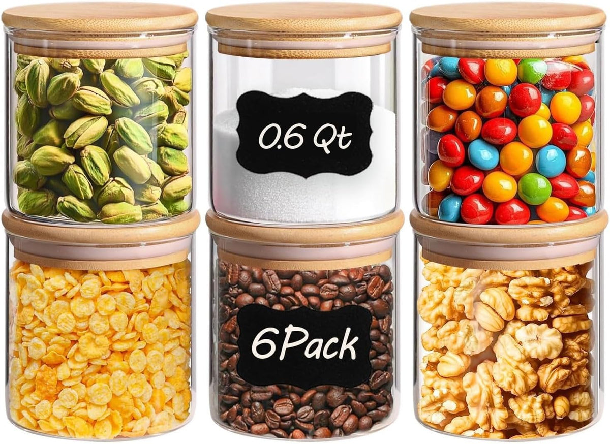 ComSaf Glass Storage Containers with Lids 0.6 Qt, 6 Pack Small Glass Jars