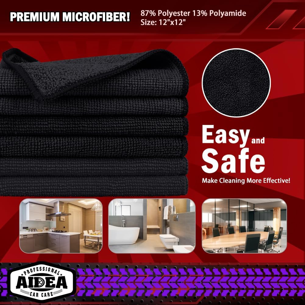 AIDEA Microfiber Cleaning Cloth-10PK, Black Microfiber Towels,12×12"