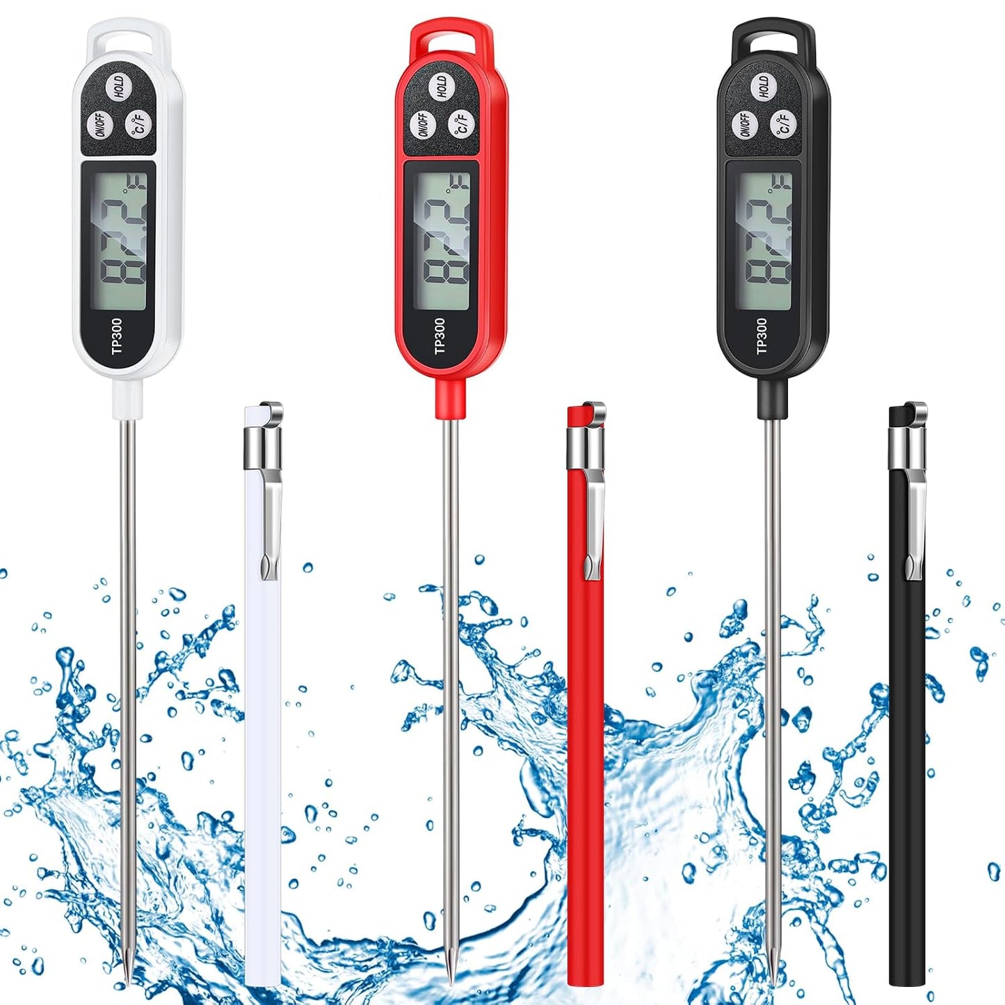 6 Pcs Food Thermometer Instant Read Probe BBQ,Black,White,Red | Meat Water Liquid Digital Waterproof Thermometer Kitchen Cooking Supplies for Cooking Milk Yogurt