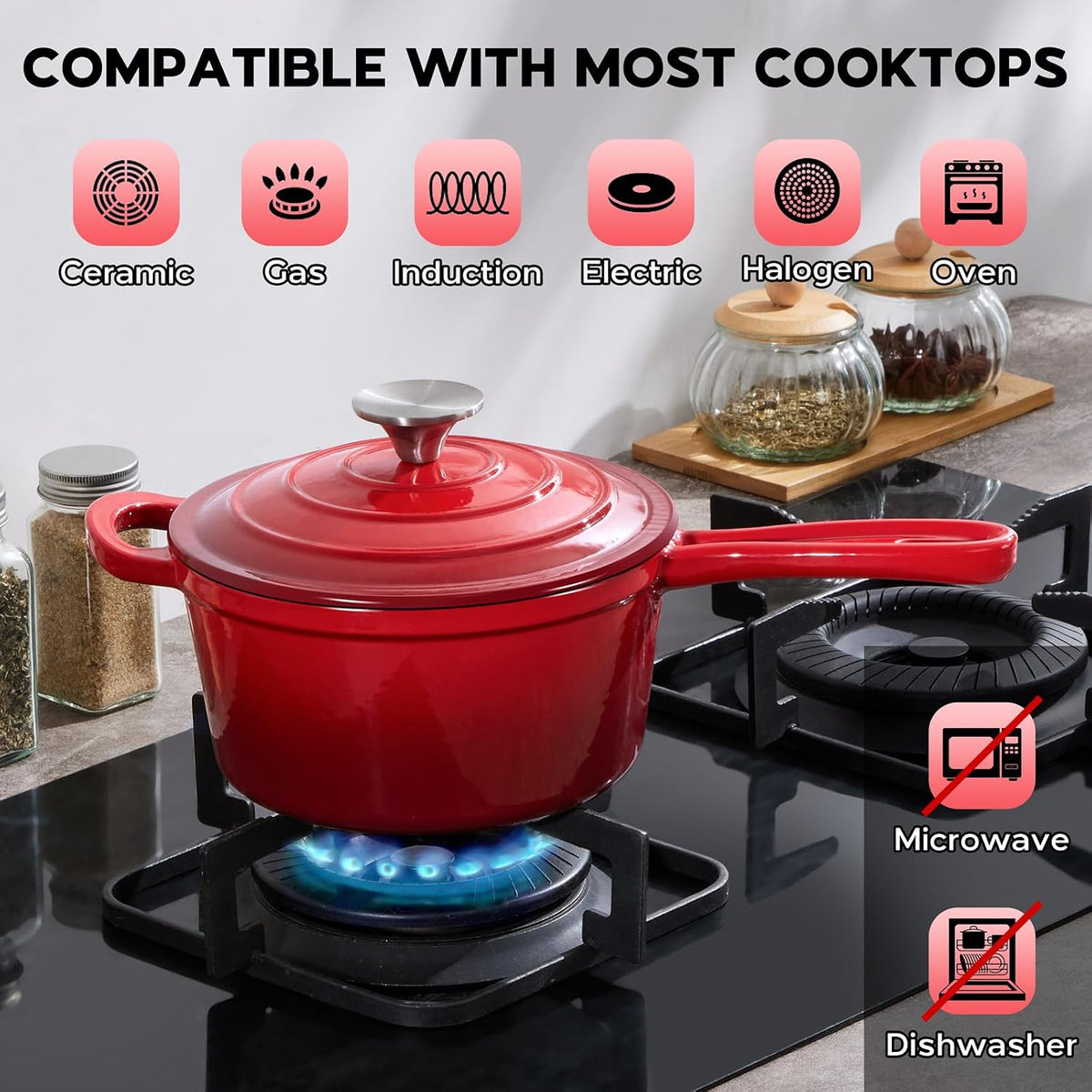 2QT Saucepan with Lid, Onader Enameled Cast Iron Sauce Pan Pot, Small Dutch Oven Cooking Kitchen Pot, Nonstick & Heavy Duty – Red