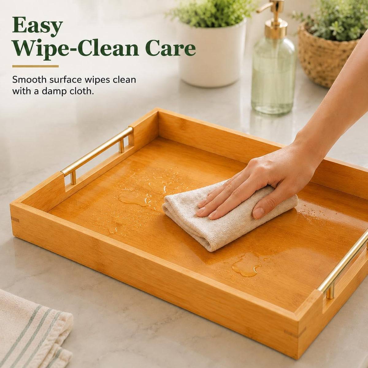 Bamboo Serving Tray, Wooden Tray with Gold Handles, 15L x10W x2H in | Deep Serving Tray, Decorative Tray, Rectangular Wood Tray, Coffee Table Tray, for Ottoman, Kitchen, Bedroom, Lap &amp; Couch