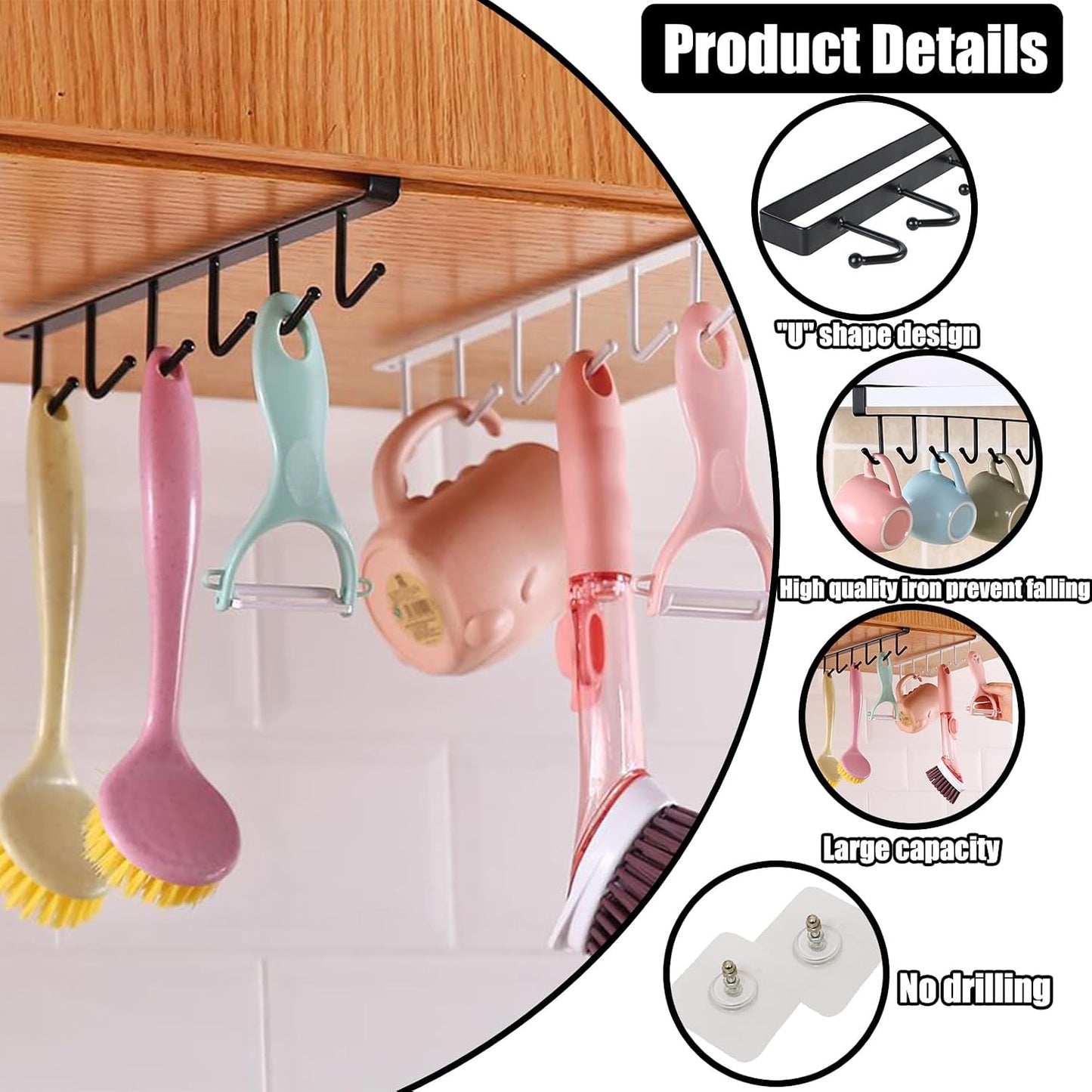 6PCS Mug Hooks Under Cabinet,Mug Holder Under Shelf with 6 Hooks