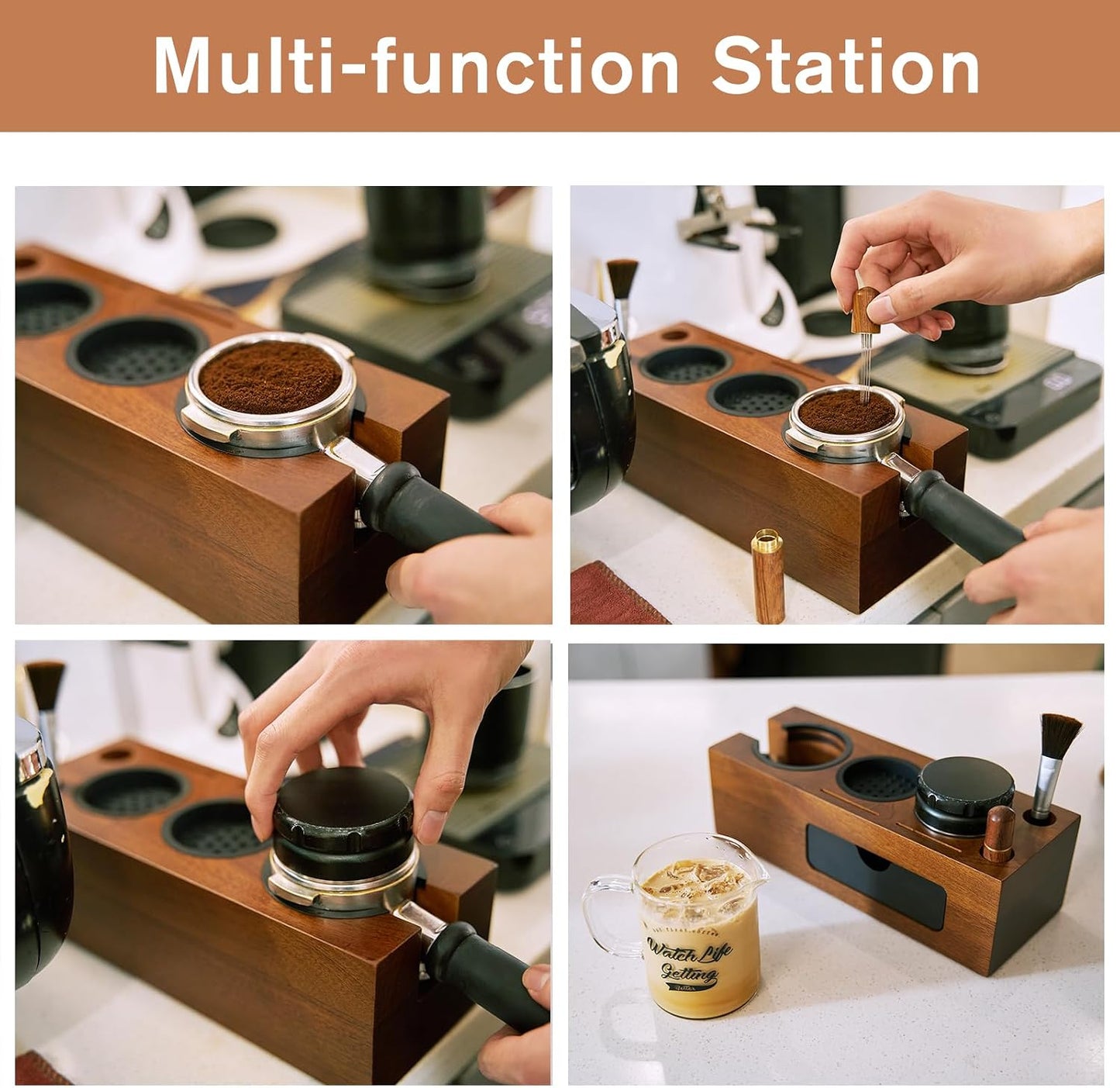 Espresso Tamping Station - 8 in 1 Espresso Coffee Organizer for Storage 51/53/54/58MM Espresso Tamper, Distributor, Portafilter &amp; Puck Screen Accessories, Wooden Tamper Station