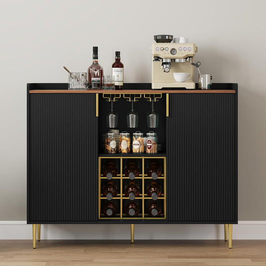 ARTPOWER 48" Wine Bar Cabinet with Fluted Texture, Modern Buffet Sideboard with Wine Rack and Glass Holder, Liquor Coffee