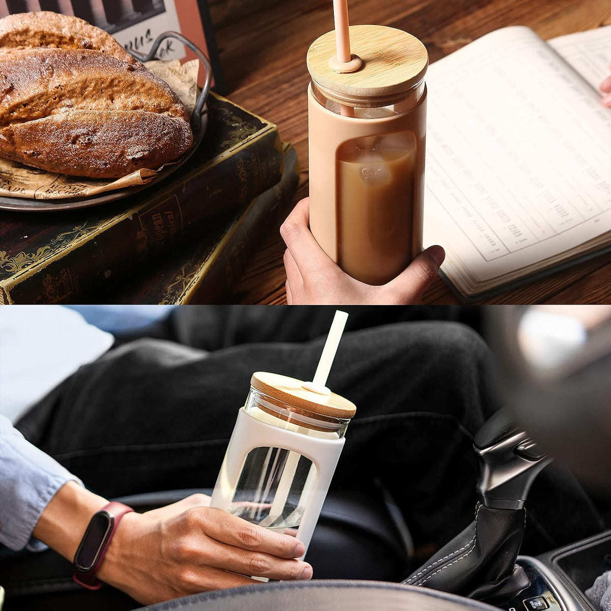 Kodrine 20oz Glass Tumbler with Straw and Lid, Iced Coffee Cups with Bamboo Lids, Glass Cups for Cold Drinks, Smoothie Cup with Silicone Sleeve for Travel, Work, BPA FREE-Olive