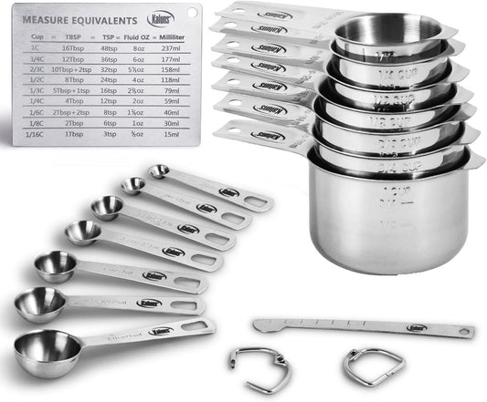 Kaluns Stainless Steel Measuring Cups, Measuring Spoons,16 Piece Measuring Cups and Spoons Set Includes Leveler and